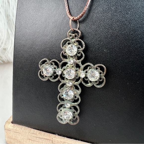 Vintage metal patina bling weighted cross pendant + FREE 16” cord necklace